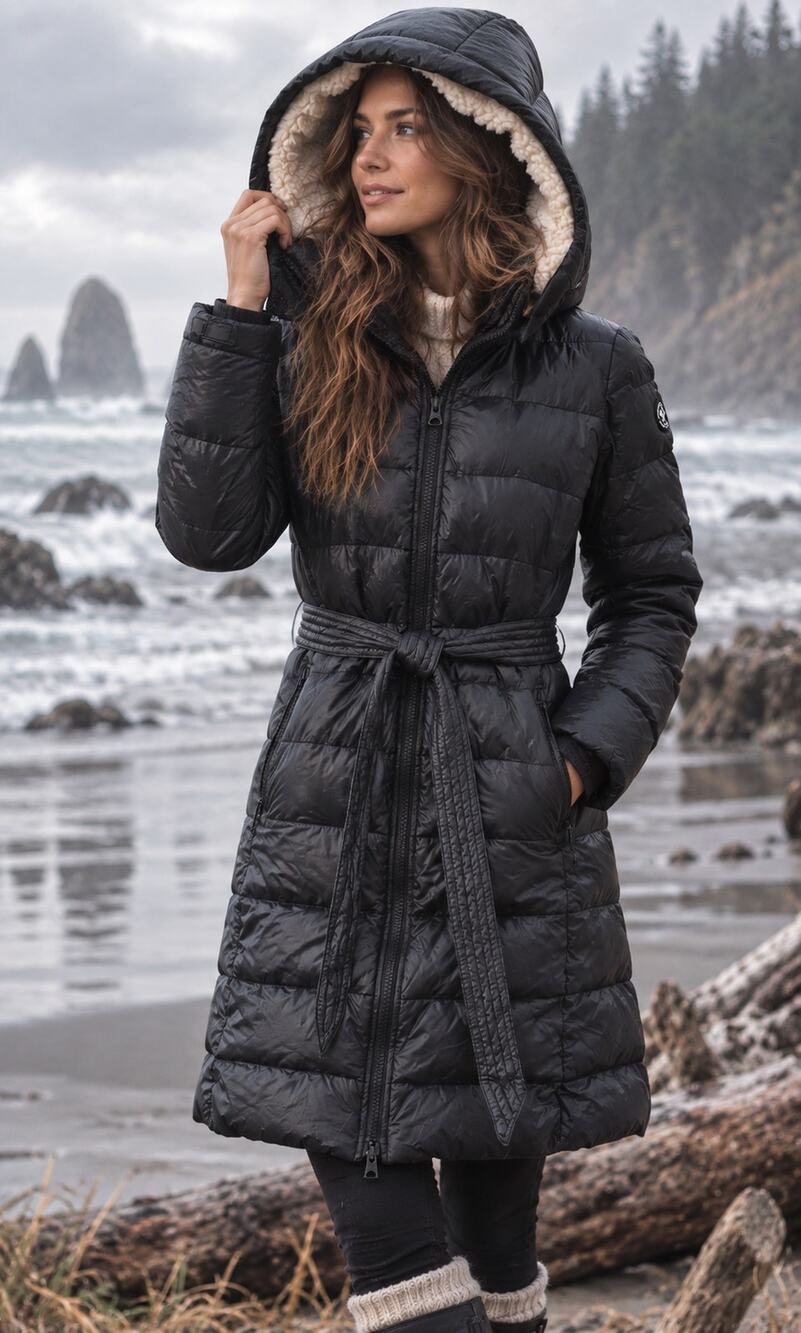 American Eagle Black Down Belted Puffer Coat Sherpa Hood Women’s Large